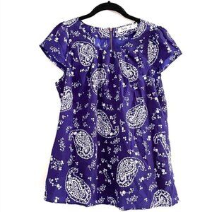 Sunny Girl Blouse M Paisley Floral Royal Blue White Cap Sleeve Lightweight Shirt